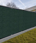 Privacy Fence Screen 6 Ft By 50 Ft Dark Green HDPE Mesh Shade Net for outdoor wall shown in garden setting, blocking view.