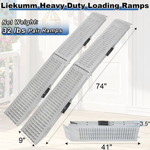 Heavy Duty 74 Inch Atv Ramps 2 Pack With Hella Secure Anti Slip Grip And Rock Solid Stability For Pickup Trucks, angled view with dimensions.