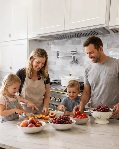 Family cooking together in modern kitchen with Built Tough Pot Filler Faucet For Modern Kitchens Featuring Brushed Nickel Finish.