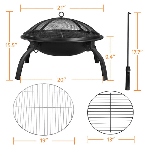 21 Inch Portable Folding Steel Fire Pit With Carrying Bag Spark Screen BBQ Grill And Log Grate For Patio Backyard Camping Bonfire Lightweight 8.7 Lb Fire Bowl With Grate and Poker