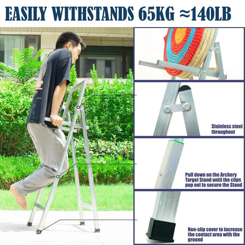 Backyard Archery Target Stand with telescopic height adjustment, foldable metal design, shown supporting 65kg weight