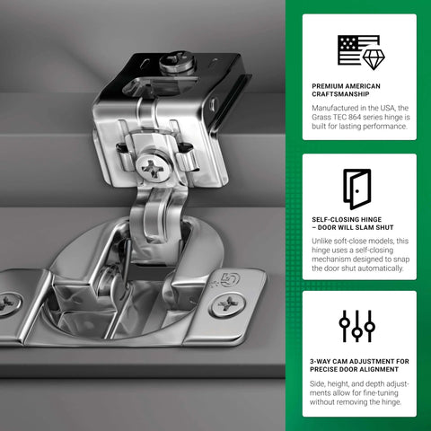 Premium USA Made Grass TEC 864 Overlay Self Closing Cabinet Hinges Built To Last One And A Quarter Inch Face Frame 108 Degree 3 Way Adjustment 45 Millimeter Screw Hole Pattern 2 Pack visible in installation with satin finish.