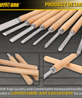 8 Piece Wood Lathe Turning Tool Set for Woodworking with skew chisels, spear point parting tool, and gouges shown in detail.