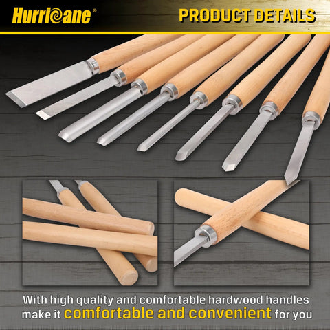 8 Piece Wood Lathe Turning Tool Set for Woodworking with skew chisels, spear point parting tool, and gouges shown in detail.