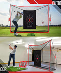Golfers using 10x7ft Golf Net With Chipping Mat And Silk Target in outdoor and indoor settings, includes 6 balls, 8 tees, carry bag