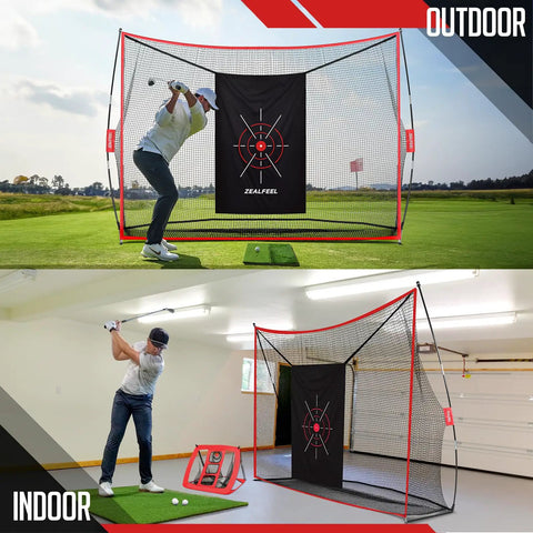 Golfers using 10x7ft Golf Net With Chipping Mat And Silk Target in outdoor and indoor settings, includes 6 balls, 8 tees, carry bag
