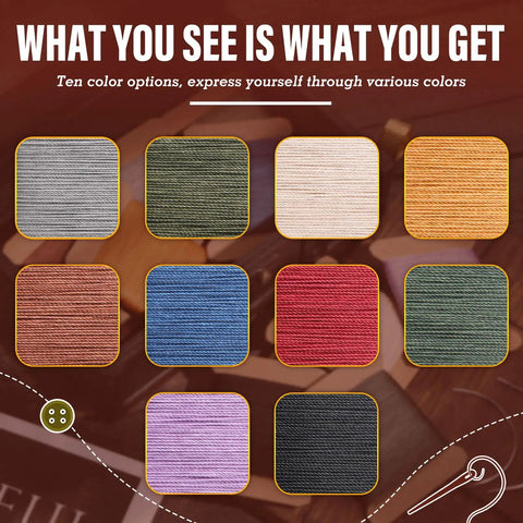Image showing ten color options of thread included in the Heavy Duty Leather Stitching Kit With 32 Yards Waxed Thread package.