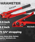 Heavy Duty Black PET Strapping Kit With Tensioner And Cutter, 5/8 Inch X 1000 Feet. Red tensioner and sealer tool, 10.5 inch and 15.2 inch sizes.