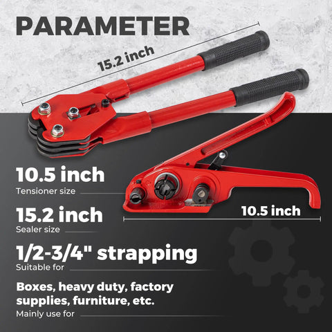 Heavy Duty Black PET Strapping Kit With Tensioner And Cutter, 5/8 Inch X 1000 Feet. Red tensioner and sealer tool, 10.5 inch and 15.2 inch sizes.