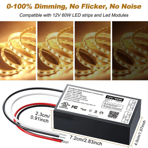 12V Dimmable LED Driver 60W Triac ELV MLV Transformer for LED Strips and Modules Smooth Flicker Free Dimming with Lutron and Leviton Switches Plug And Play Power Supply for Modern Accent Lighting, 7.2cm unit