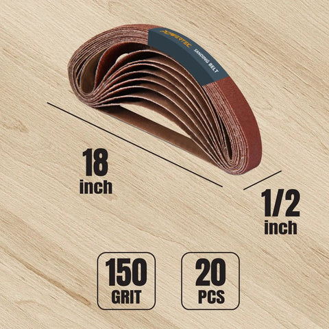 Half Inch By Eighteen Inch Aluminum Oxide Sanding Belts 20 Pack 150 Grit For Air Files And Mini Belt Sanders on wood background