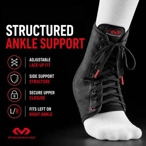 Adjustable Lace Up Ankle Brace For Women And Men on foot providing sprained ankle support and injury recovery, black lace-up design