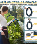 Non Expandable 75 Ft Garden Hose With 10 Function Spray Nozzle Lightweight No Kink Water Hose Durable Leak Proof Construction 360 Degree Swivel Connectors Portable Storage Strap For Easy Yard Cleanup, woman watering plants