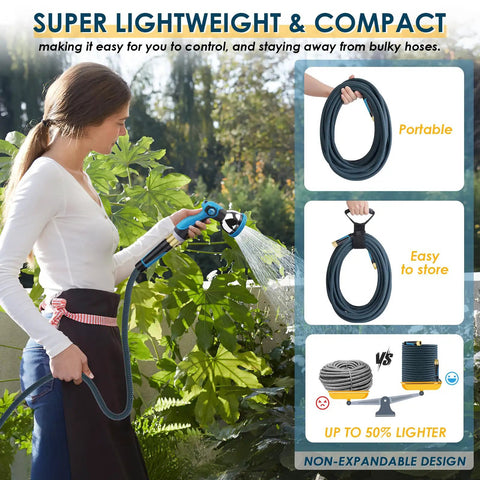 Non Expandable 75 Ft Garden Hose With 10 Function Spray Nozzle Lightweight No Kink Water Hose Durable Leak Proof Construction 360 Degree Swivel Connectors Portable Storage Strap For Easy Yard Cleanup, woman watering plants