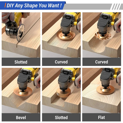 All In One Wood Carving Disc Set For Four Inch And Four And A Half Inch Angle Grinders used for shaping wood surfaces in various styles.