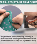 Close-up of tear-resistant 49-hole film sandpaper from Do It All 6 Inch Sanding Pads And Discs Kit with machine sanding setup