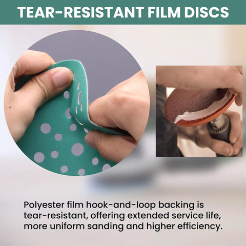 Close-up of tear-resistant 49-hole film sandpaper from Do It All 6 Inch Sanding Pads And Discs Kit with machine sanding setup