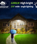 Solar Backyard Flood Lights With 6000mAh Battery illuminating a house in rain, highlighting waterproof and 270° wide angle features.