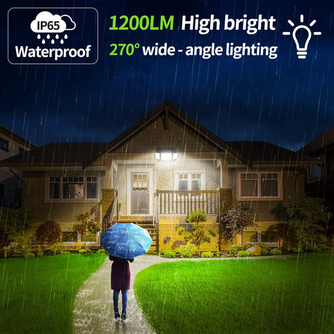 Solar Backyard Flood Lights With 6000mAh Battery illuminating a house in rain, highlighting waterproof and 270° wide angle features.