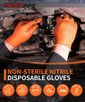 Hands wearing Extra Thick 8 Mil Orange Nitrile Work Gloves Heavy Duty Disposable Knit Cuff For Mechanics And Tradesmen Bulk 100 Pack, repairing an engine.