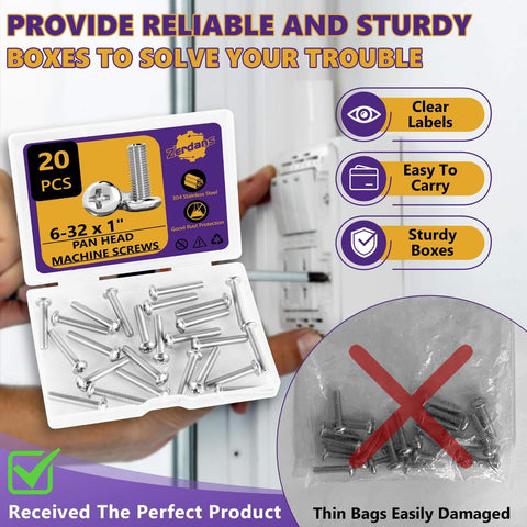 Box of 20 Pack 6-32 x 1 Inch Phillips Pan Head Stainless Steel Machine Screws 304 for electrical outlets and cabinets.