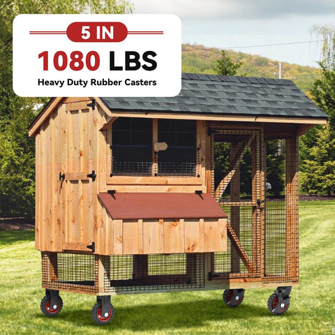 Chicken coop with 5 Inch Heavy Duty Rubber Casters Set Of 4 With 2 Brakes And 2 Rigid Wheels Industrial Grade Solid Rubber Tread.