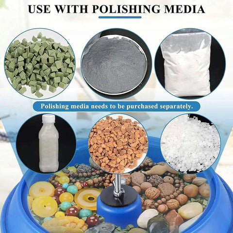 Vibration Drum Polisher Kit with various polishing media options including buffing wheels, abrasives, and finishing compounds.