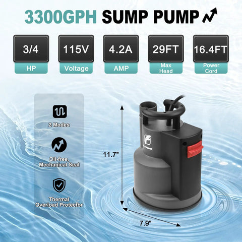 Submersible Sump Pump 3/4HP 3300GPH Utility Water Pump With Auto Manual Control and Integrated Float Switch