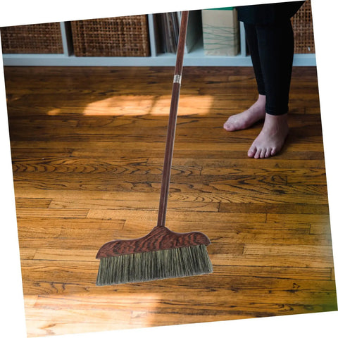 Long Handle Heavy Duty Broom With Soft Beveled Bristles For No Sweat Dust Removal And Quick Corner Cleanup Solid Workhorse Crushes Daily Kitchen Grime Indoors Or Outside Smooth Operator Approved, sweeping hardwood floor.