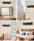 Give Your Mirror Space A Major Glow Up With This Three Bulb Bathroom Vanity Light In Matte Black And Raw Wood Grain Secured By Rock Solid Steel Mounts For Straight Up Rustic Charm in bathroom settings.