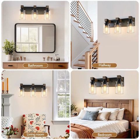 Give Your Mirror Space A Major Glow Up With This Three Bulb Bathroom Vanity Light In Matte Black And Raw Wood Grain Secured By Rock Solid Steel Mounts For Straight Up Rustic Charm in bathroom settings.