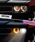 Before and after comparison of LED Headlights For Dodge Challenger 2008 2014 Full Projector Headlamps With Halo White DRL And Amber Turn Signals