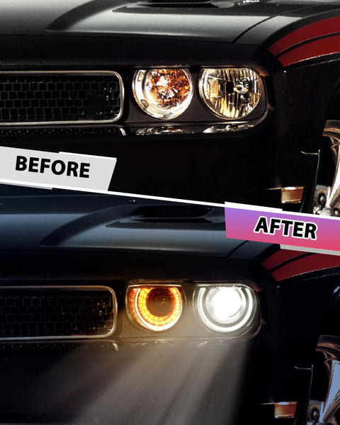 Before and after comparison of LED Headlights For Dodge Challenger 2008 2014 Full Projector Headlamps With Halo White DRL And Amber Turn Signals