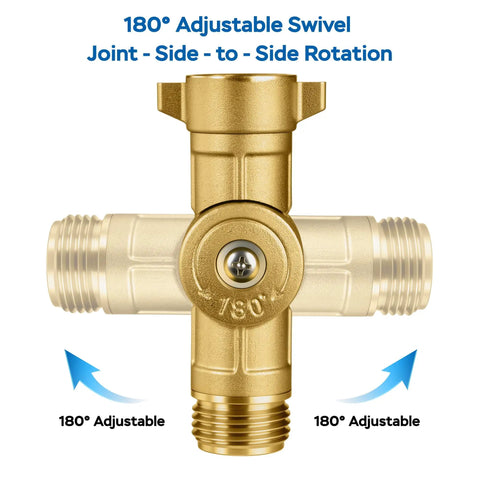 Solid Brass Hose Swivel Elbow Fitting 180 Degree For Three Quarter Inch GHT Durable No Kink Keeps Water Flow Strong Easy Install Garden Hose Connector Fits Standard Hoses For Outdoor Lawn And Garden Use, front view