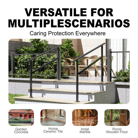 Built Like A Tank Black Galvanized Steel Handrails for Outdoor Steps and Porch Safety on concrete and marble stairs.