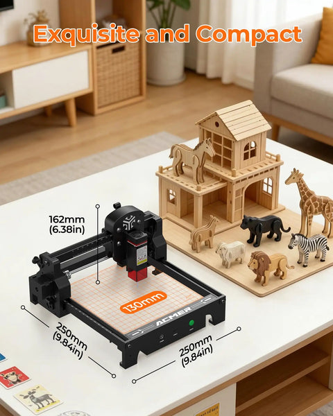 Starter Friendly 2500mW Laser Engraver With Portable Cutter 130x130mm Working Area on table with wood models nearby