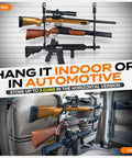 Rugged Truck Gun Rack For Seat Back With Triple Anti Slip Hooks And Adjustable Silicone Strips, shown in garage and vehicle use.
