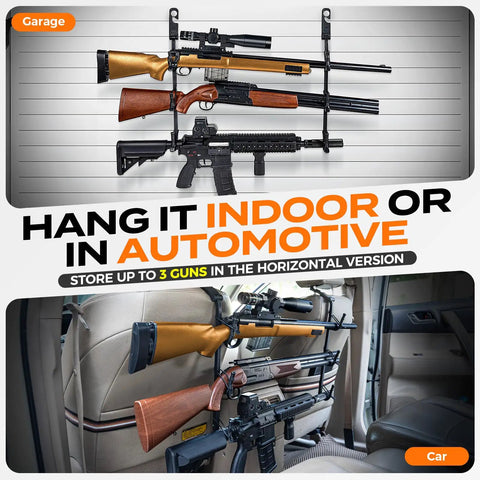 Rugged Truck Gun Rack For Seat Back With Triple Anti Slip Hooks And Adjustable Silicone Strips, shown in garage and vehicle use.