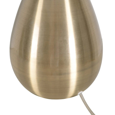 Droplet Table Lamp In Antique Brass Finish With Tall White Drum Shade base detail, showing smooth metallic texture and curve.