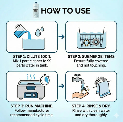 How to use Ultrasonic Cleaner Solution Concentrate With Free Cleaning Cloth Makes Up To 50 Gallons For All Ultrasonic Machines Usa Made 32 Oz Cleaning Liquid Pro Grade Heavy Duty instructions