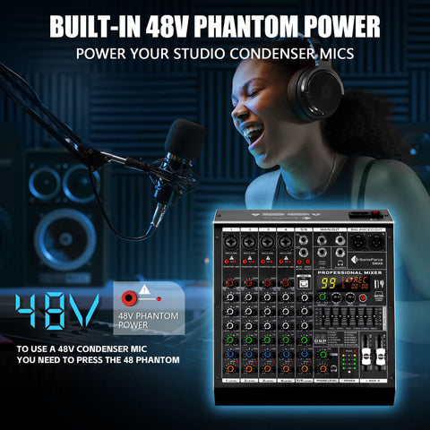 Woman using Six Channel Audio Mixer With 48V Phantom Power, 99 DSP Effects, four XLR/TRS jacks, and stereo inputs in studio
