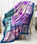 Blue Purple Throw Blanket 50x60 Inches With Inspirational Quotes Grid Design draped over chair, showcasing fleece texture.