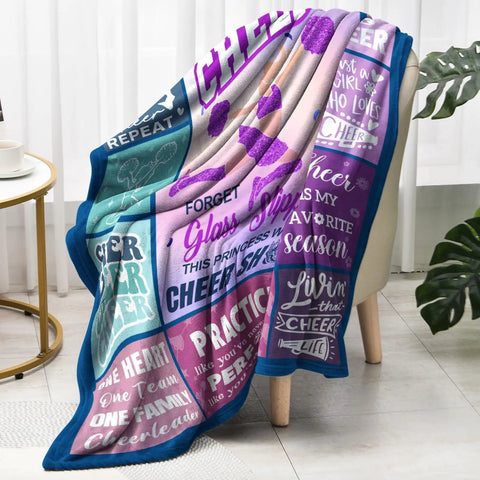Blue Purple Throw Blanket 50x60 Inches With Inspirational Quotes Grid Design draped over chair, showcasing fleece texture.