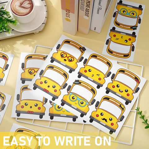 120 Pack School Bus Name Tags In 6 Cartoon Styles For Classroom Use, Bulletin Boards, And Back To School Parties, Easy Peel And Stick Nameplates