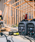 Gas Powered 2300 Watt Quiet Inverter Generator for home backup on a construction site with a worker using tools nearby.