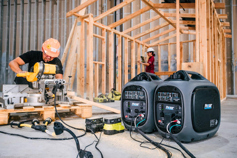 Gas Powered 2300 Watt Quiet Inverter Generator for home backup on a construction site with a worker using tools nearby.