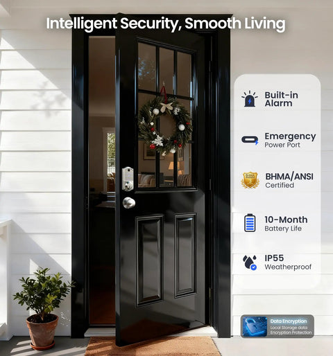 No Sweat App Paired Fingerprint Smart Front Lock With Heavy Duty Knob Set And Slick Satin Nickel Finish Smooth Keyless Entry Plus Fast Auto Lock For House Or Short Term Rentals on black door with wreath.