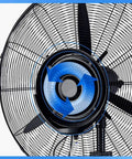 Close-up of Top Shelf Oscillating Floor Fan Featuring Heavy Duty Motor And Three Speed Airflow Modes, showcasing blade and motor design.