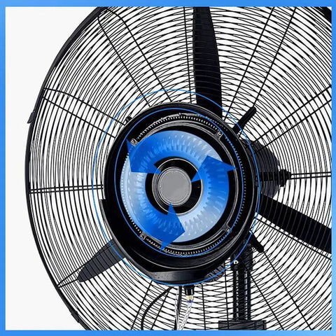 Close-up of Top Shelf Oscillating Floor Fan Featuring Heavy Duty Motor And Three Speed Airflow Modes, showcasing blade and motor design.