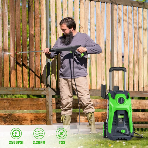 Man using Electric Pressure Washer 2200 PSI 2.0 GPM Beast Power Cleaner with 4 Interchangeable Nozzles on wooden fence